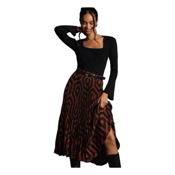 Anthropologie Dresses & Skirts - Anthropologie Valerie Pleated Midi Skirt Black Brown Motif Geometric Print XL‎